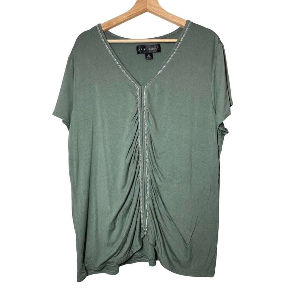 Colleen Lopez Olive Green Top Blouse Short Sleeve Metallic Detail 2X XXL Shirtec